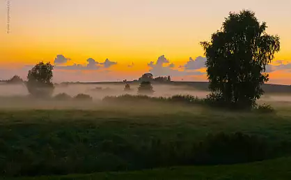 Sonnenuntergang über einer nebelverhangenen Wiese bei Zirkow im Spätsommer